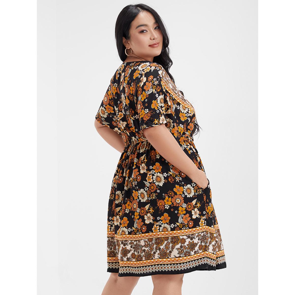 Plus Size Floral V Neck Elastic Waist Pocket Ruffles Knee Dress BlackFlower Women Vacation Printed V-neck Short sleeve Curvy Knee Dress BloomChic 10/M Product Image
