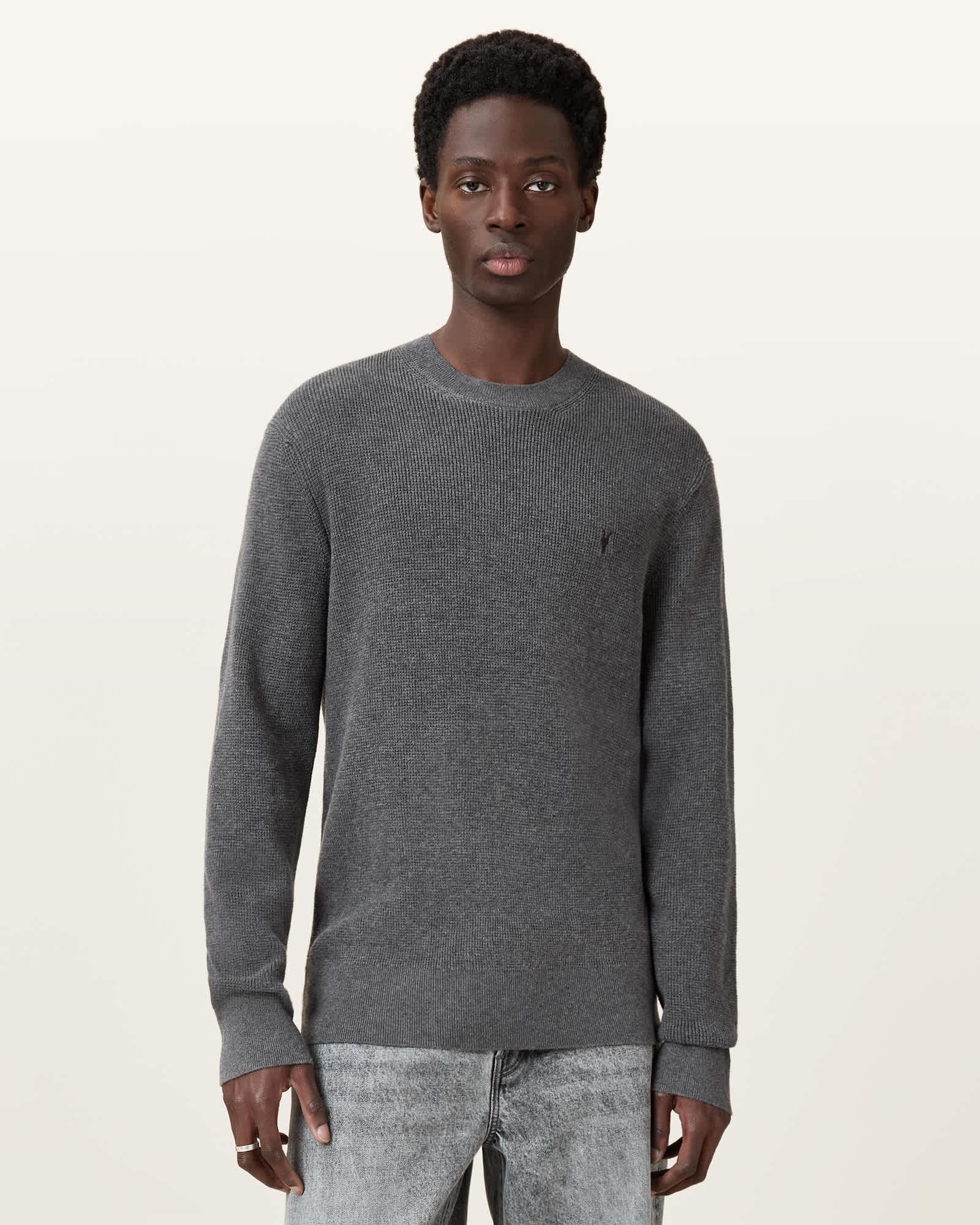 Aspen Waffle Texture Crew Neck Ramskull Sweater MONUMENT GREY | ALLSAINTS US Product Image