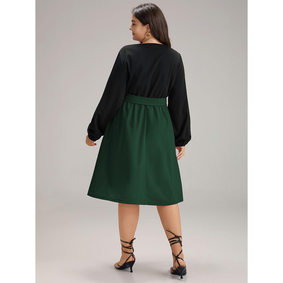 Plus Size Contrast Patchwork Button Detail Belted Dress DarkGreen Women At the Office Elastic cuffs Notched collar Long Sleeve Curvy Midi Dress BloomChic 28/5X Product Image