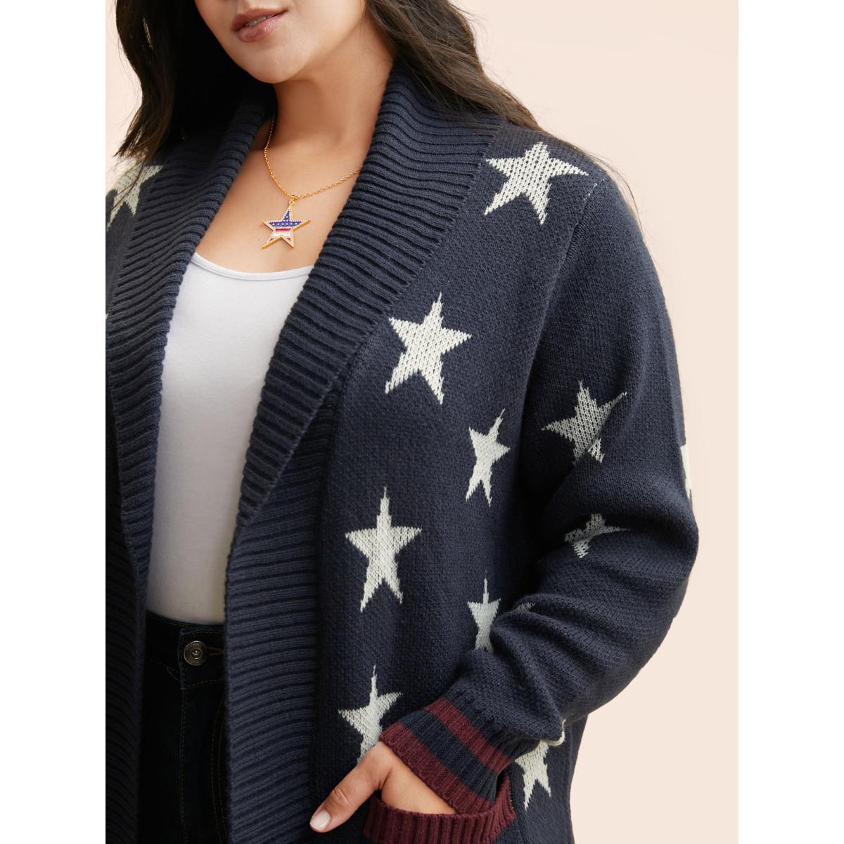 Plus Size Star Contrast Patched Pocket Cardigan Indigo Women Casual Loose Long Sleeve Everyday Cardigans BloomChic 18-20/2X Product Image