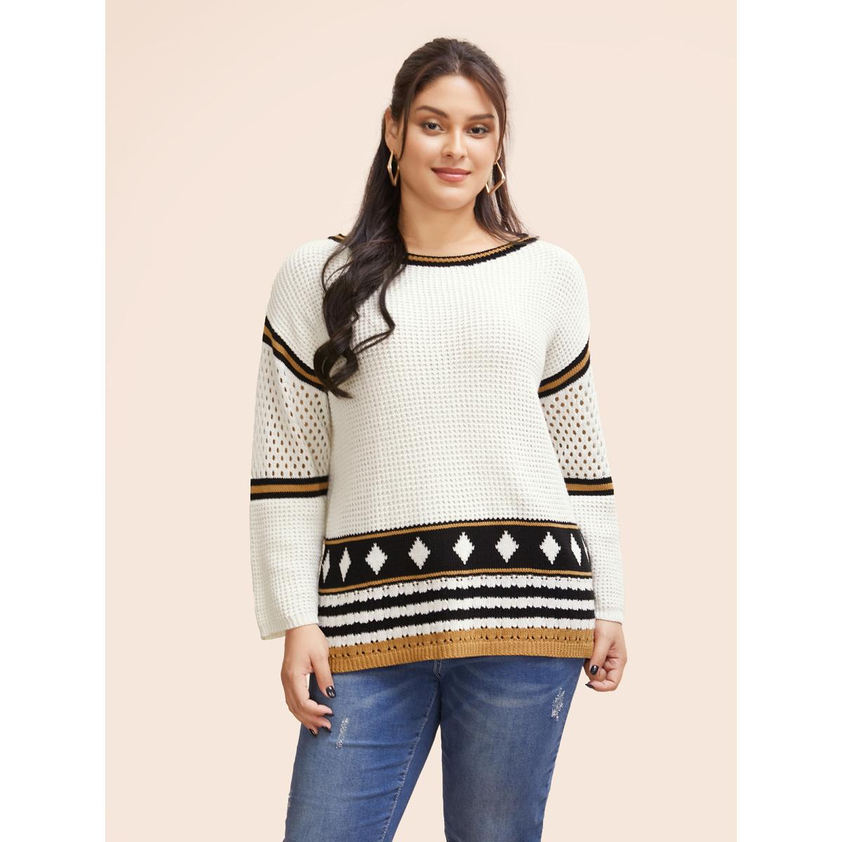 Plus Size Cotton Geometric Striped Drop Shoulder Sleeve Pullover Ivory Women Boho Loose Long Sleeve Round Neck Vacation Pullovers BloomChic 18-20/2X Product Image
