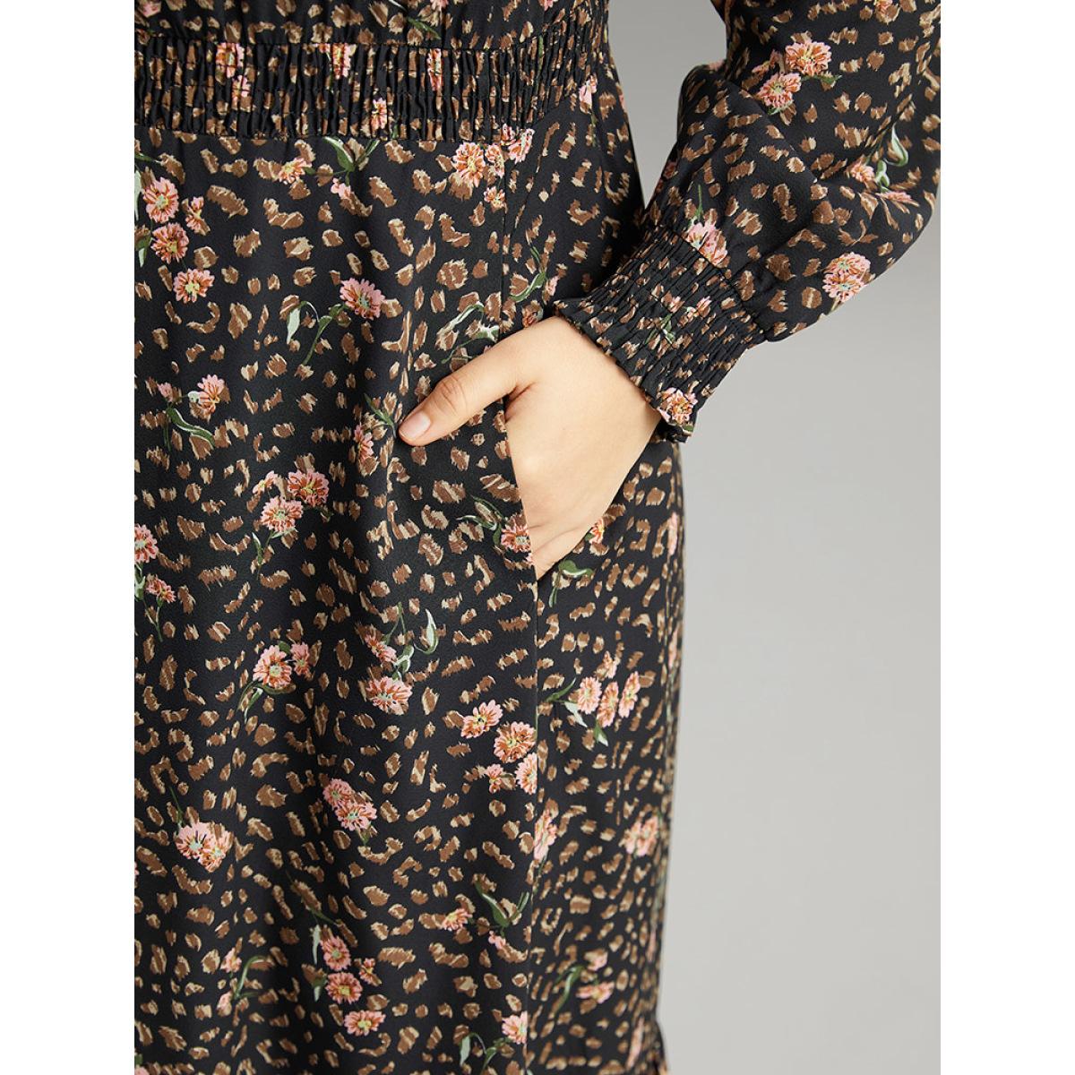 Plus Size Ditsy Floral Shirred Flutter Trim Keyhole Dress Black Women Elegant Printed Mock Neck Long Sleeve Curvy Midi Dress BloomChic 18-20/2X Product Image