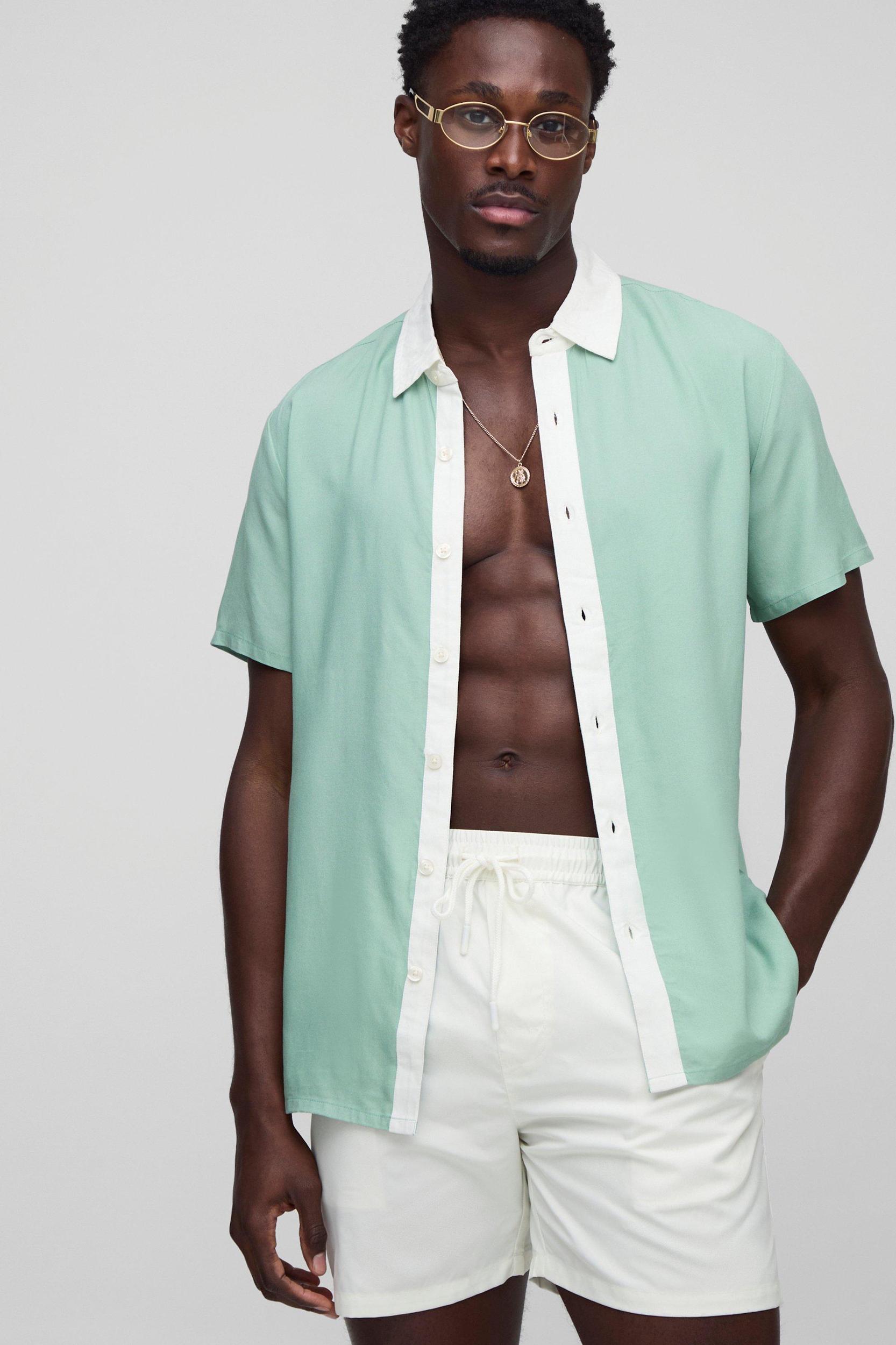 Regular Viscose Border Shirt & Swim Set | boohooMAN USA Product Image