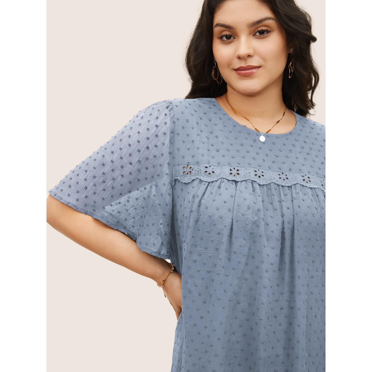 Plus Size LightBlue Solid Texture Lace Trim See Through Gathered Blouse Women Elegant Short sleeve Round Neck Everyday Blouses BloomChic 22-24/3X Product Image
