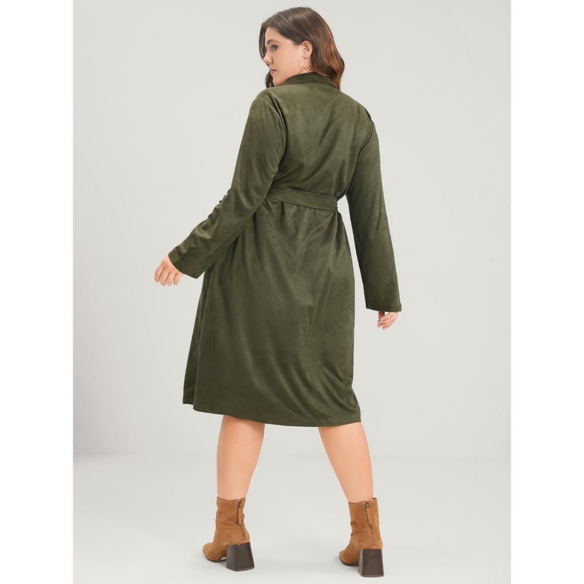 Plus Size Solid Cuffed Sleeve Pocket Button Down Belted Coat Women ArmyGreen Casual Belted Ladies Dailywear Winter Coats BloomChic 14-16/1X Product Image