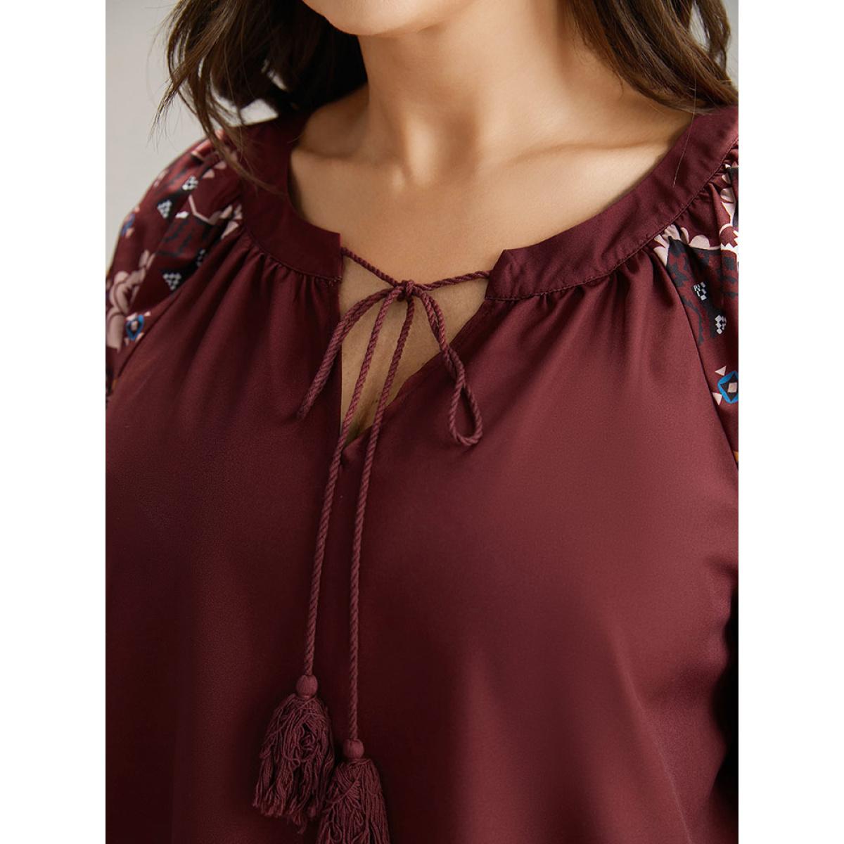 Plus Size Scarlet Boho Print Tie Neck Tassel Trim Blouse Women Vacation Long Sleeve Tie Neck Dailywear Blouses BloomChic 26/4X Product Image