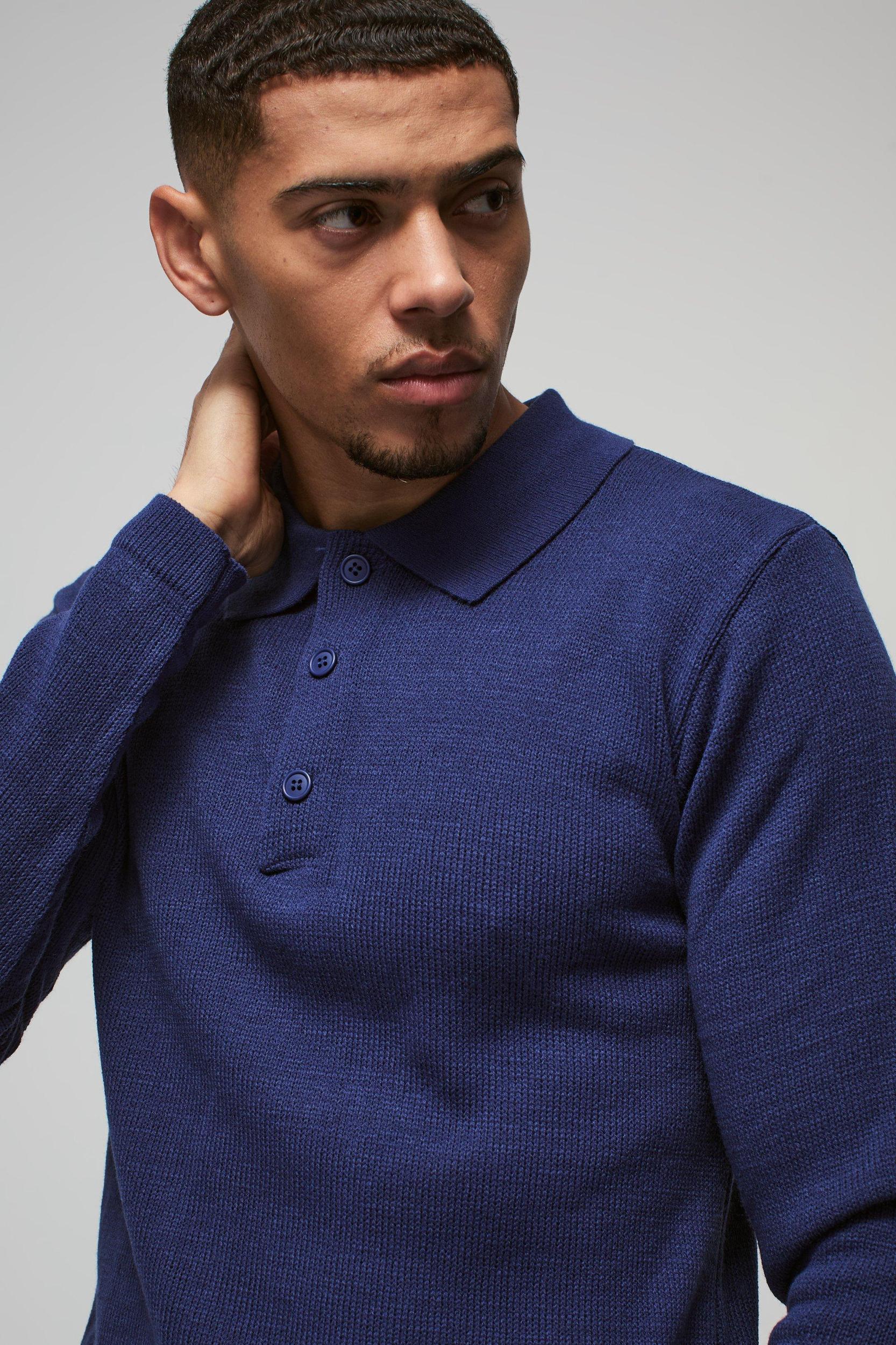 Regular Button Neck Long Sleeve Knitted Polo | boohooMAN USA Product Image