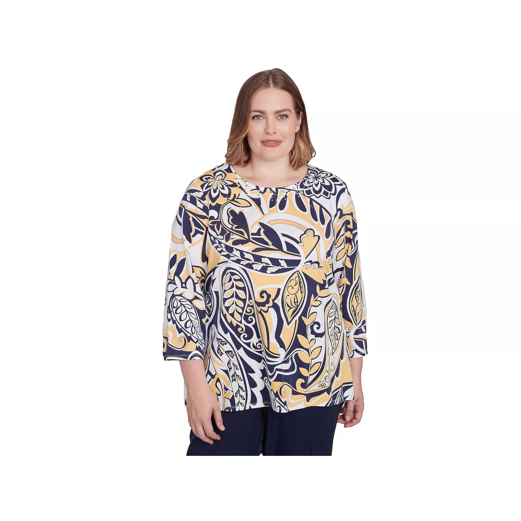 Plus Size Alfred Dunner Dramatic Paisley Crewneck Top, Women's, Size: 1XL, Multi Yellow Product Image