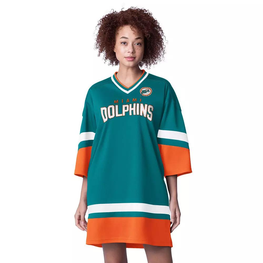 Women's Starter Aqua Miami Dolphins Slap Shot 3/4 Sleeve Sneaker Dress,  Product Image