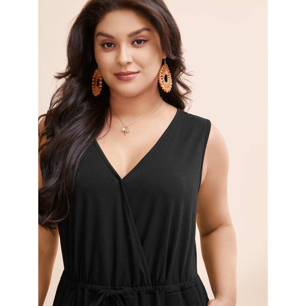 Plus Size Black Solid Overlap Collar Drawstring Jumpsuit Women Elegant Sleeveless Overlap Collar Everyday Loose Jumpsuits BloomChic 14-16/1X Product Image