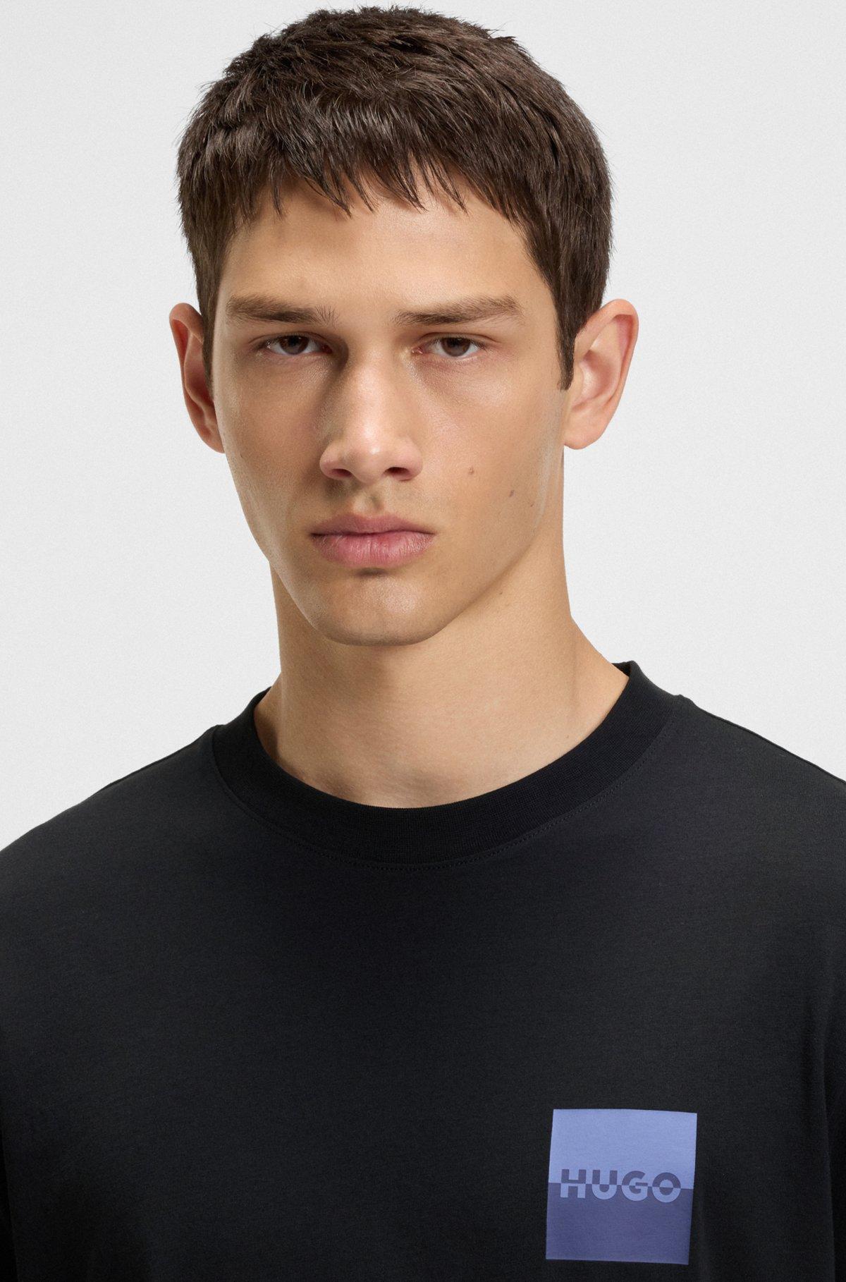 HUGO - Cotton-jersey T-shirt with curved-logo print - Black Product Image