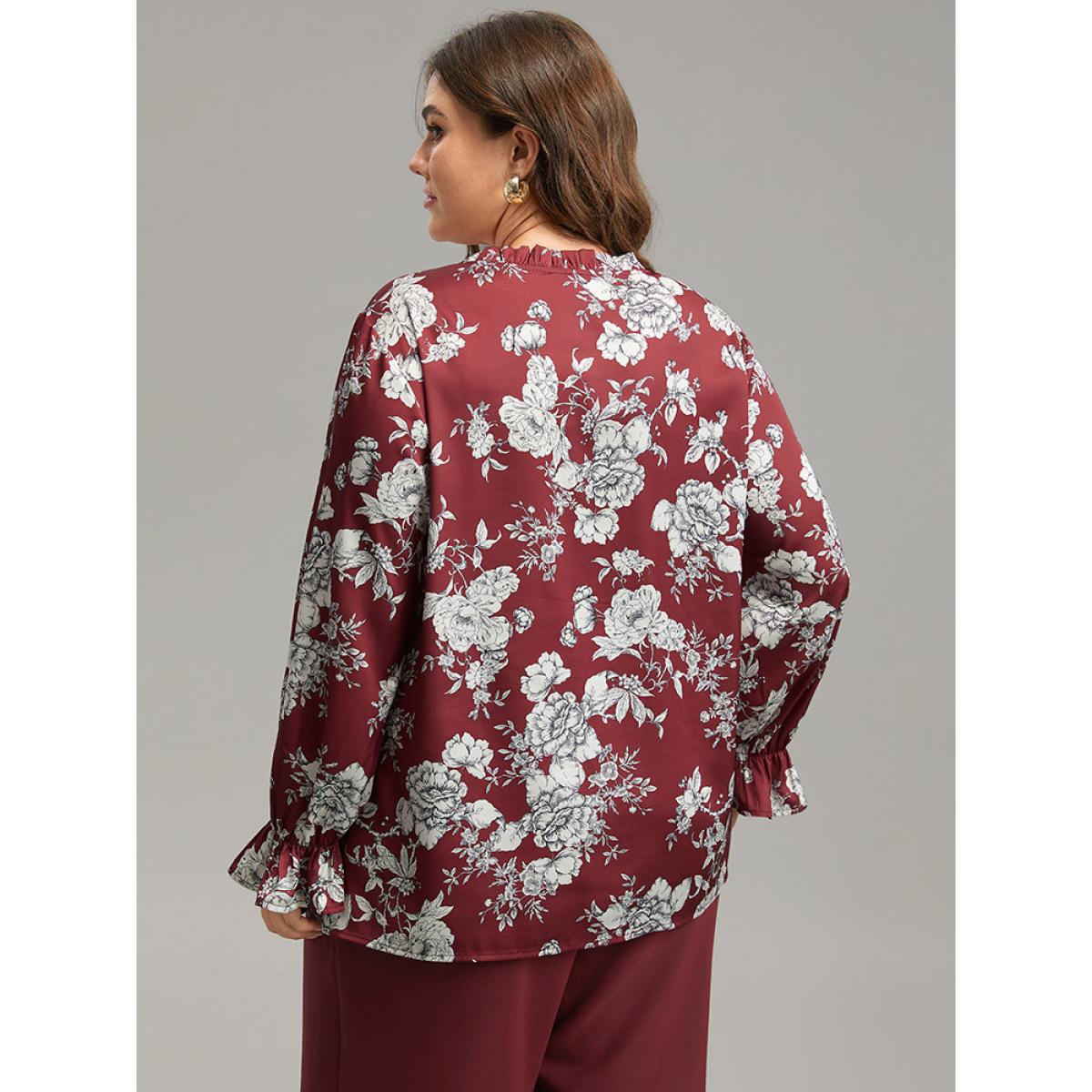 Plus Size Scarlet Silhouette Floral Print Frill Trim Button Detail Blouse Women Elegant Long Sleeve Round Neck Dailywear Blouses BloomChic 26/4X Product Image