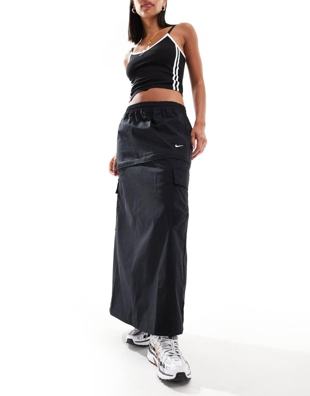 Nike Woven 2 n 1 maxi and mini skirt with zip detail in black Product Image