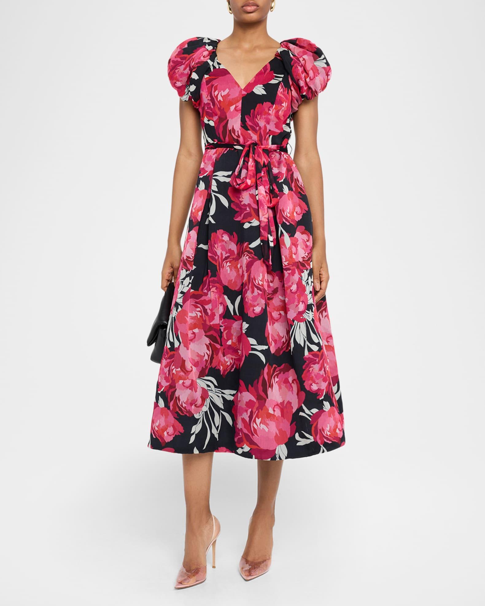 Pleated Puff-Sleeve Chiffon Midi Dress Product Image