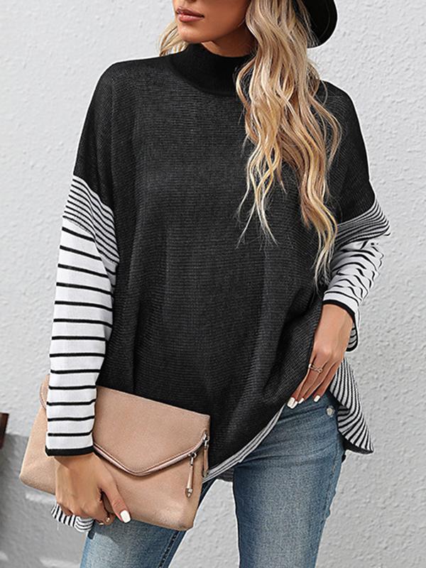 Long Sleeves Loose Contrast Color Striped Mock Neck Pullovers Sweater Tops Product Image