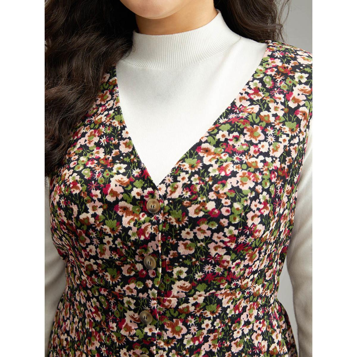 Plus Size Ditsy Floral Pocket Button Detail Tank Dress Indigo Women Elegant Printed V-neck Sleeveless Curvy Knee Dress BloomChic 14-16/1X Product Image