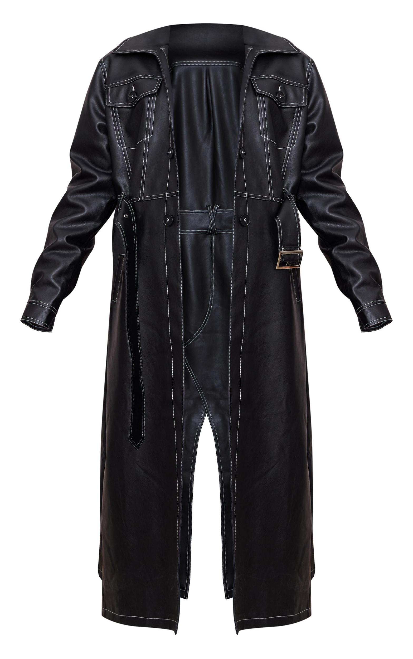 Black Faux Leather Contrast Stitch Split Hem Trench Coat Product Image