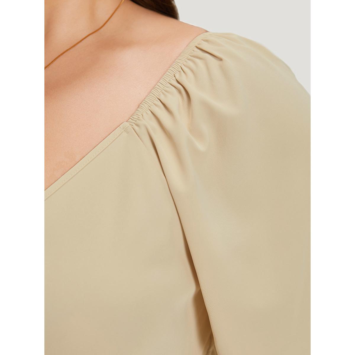 Plus Size Plain Ruffle Trim Pocket Elastic Waist Wrap Hem Dress Beige Women Elegant Pleated Deep V-neck Half Sleeve Curvy Knee Dress BloomChic 18-20/2X Product Image