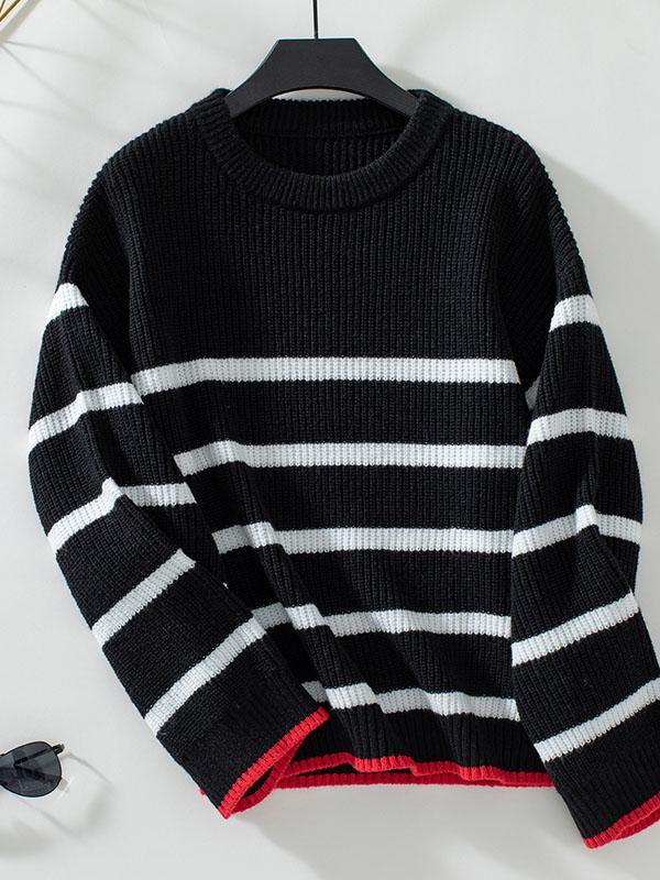 Long Sleeves Loose Contrast Color Split-Joint Striped Round-Neck Pullovers Sweater Tops Product Image