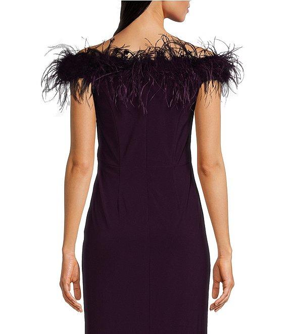 Alex Evenings Stretch Matte Jersey Feather Off-the-Shoulder Cap Sleeve Ruched Front Slit Gown Product Image