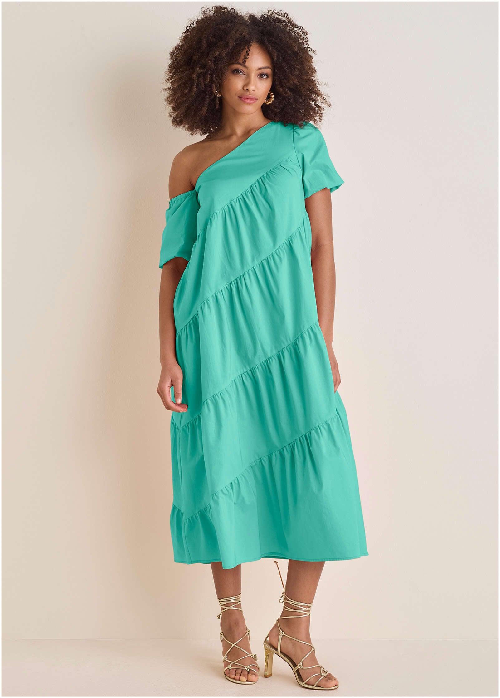 One Shoulder Maxi Dress  - Turquoise Product Image