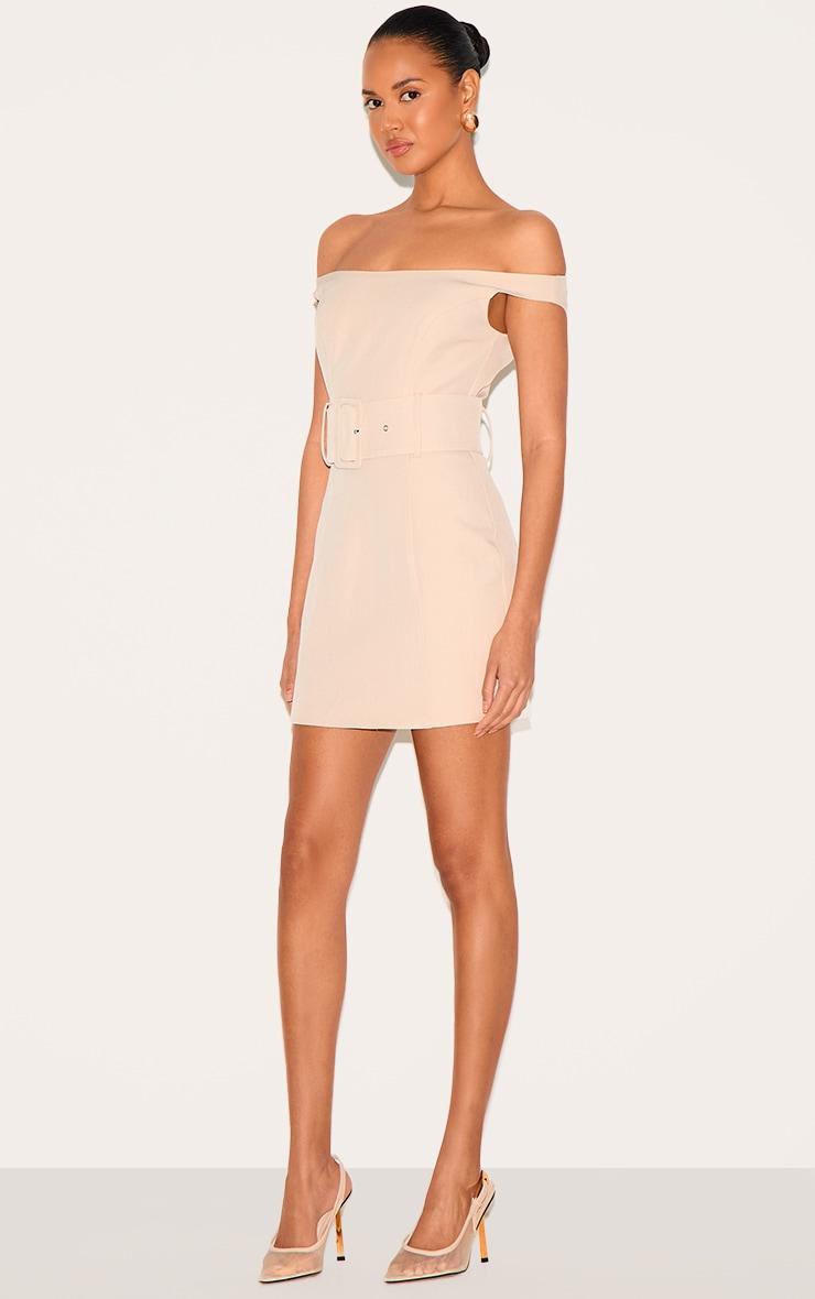 Almond Woven Off Shoulder Belt Detail Mini Dress Product Image