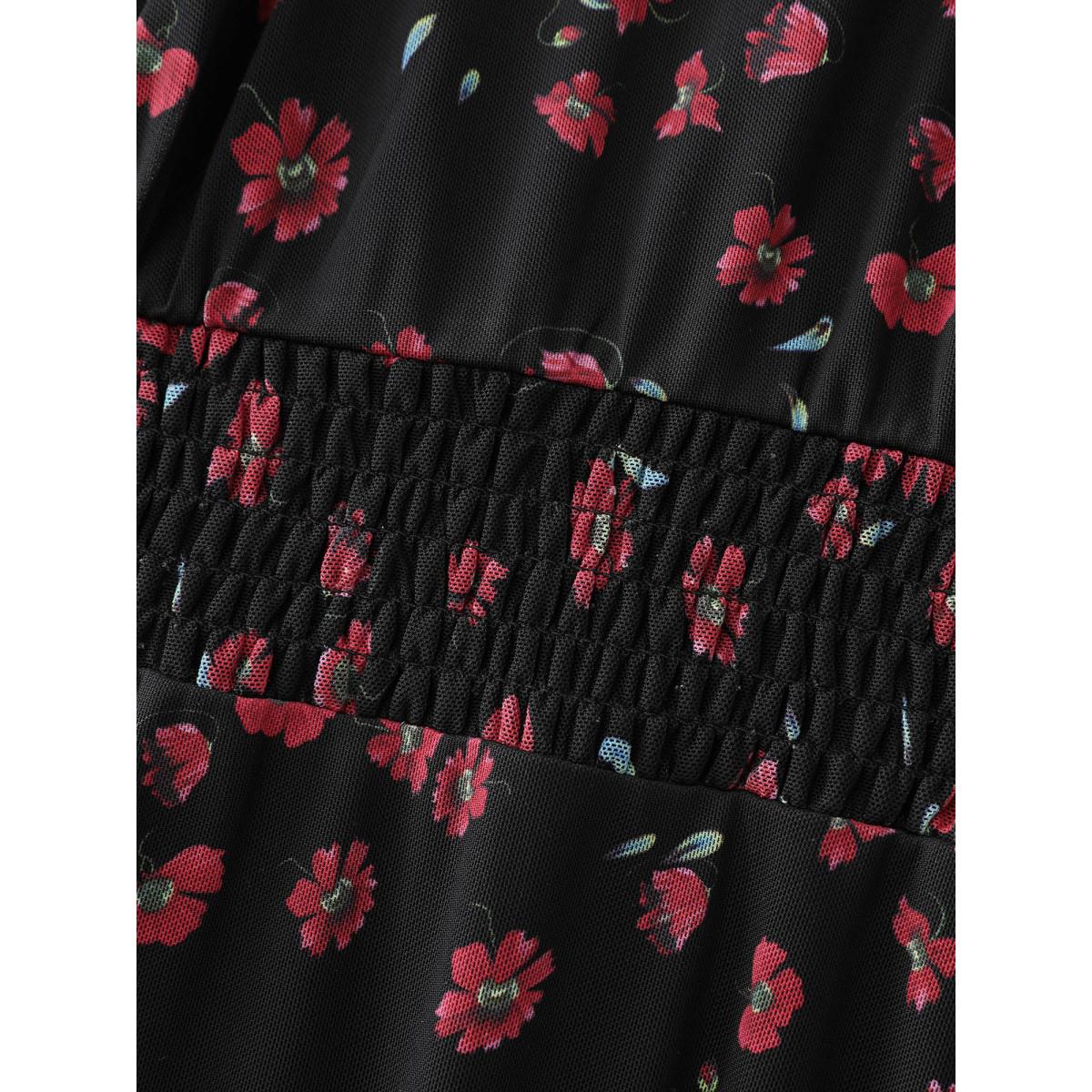 Plus Size Black Floral Print Mesh Cinched-Waist Blouse Women Romantic Long Sleeve V-neck Elegant Blouses BloomChic 26/4X Product Image