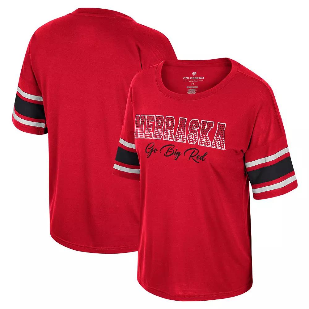 Womens Colosseum Scarlet Nebraska Huskers Im Gliding Here Rhinestone T-Shirt Product Image