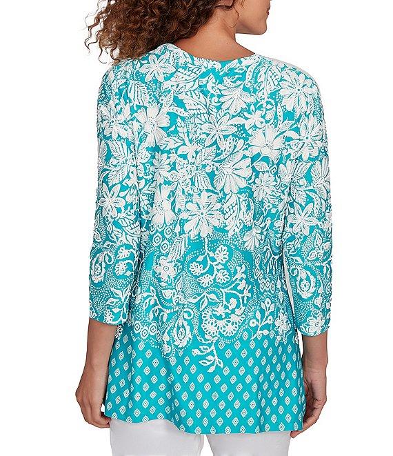 Ruby Rd. Knit Floral Border Print Keyhole Neck 3/4 Sleeve Top Product Image