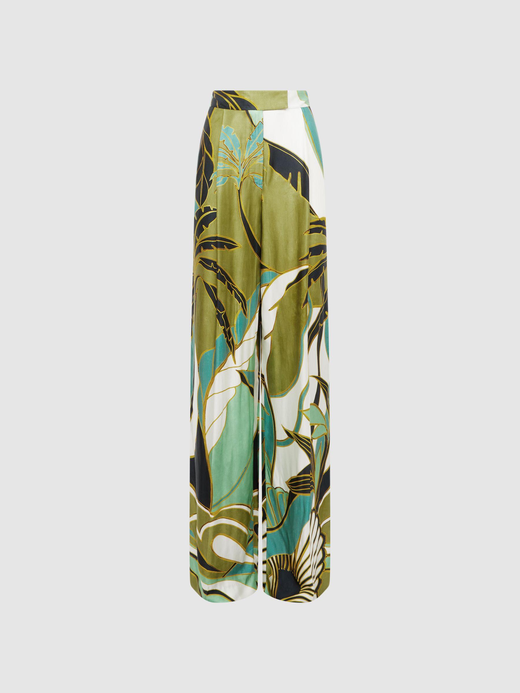 Wide Leg Mid Rise Printed Trousers in Green Print Product Image