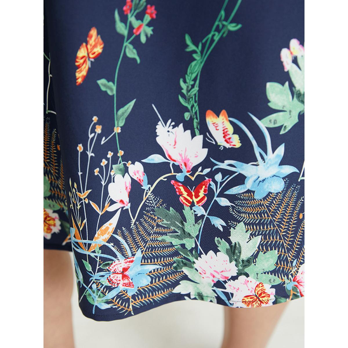Plus Size Butterfly & Floral Round Neck Print Pocket Knee Dress Indigo Women Vacation Pocket Round Neck Short sleeve Curvy Knee Dress BloomChic 22-24/3X Product Image