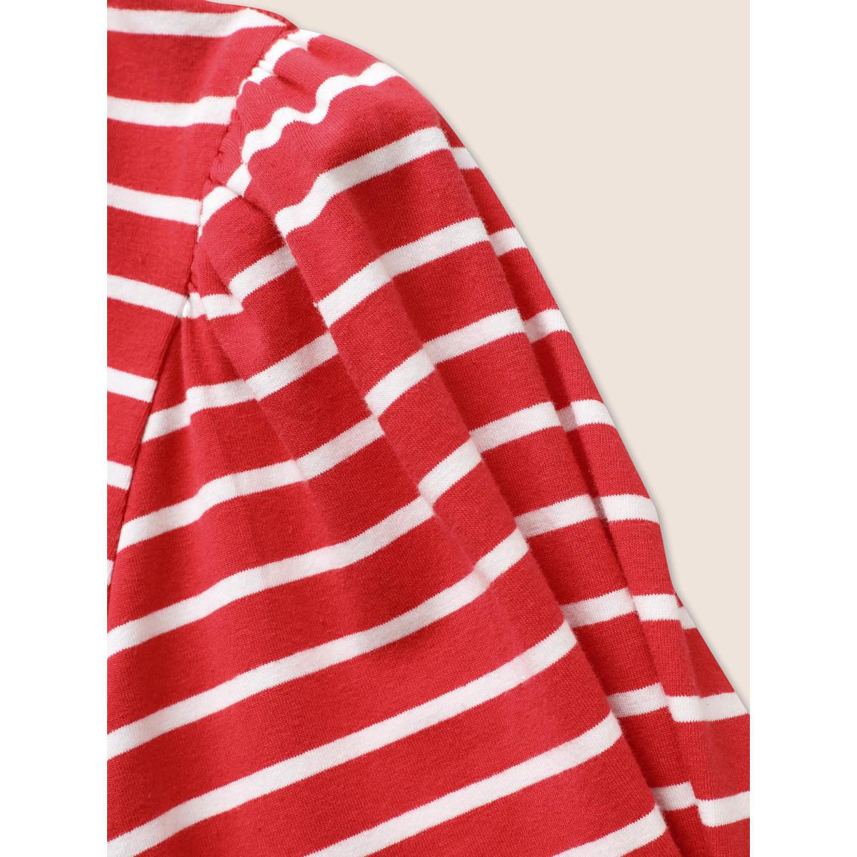 Plus Size Round Neck Striped Bishop Sleeve T-shirt Brightred Women Casual Gathered Round Neck Everyday T-shirts BloomChic 12/L Product Image