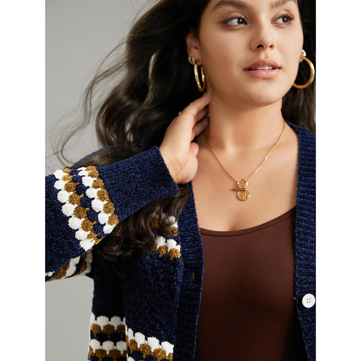 Plus Size Chenille Geo Button Through Cardigan Multicolor Women Casual Loose Long Sleeve Dailywear Cardigans BloomChic 10/M Product Image