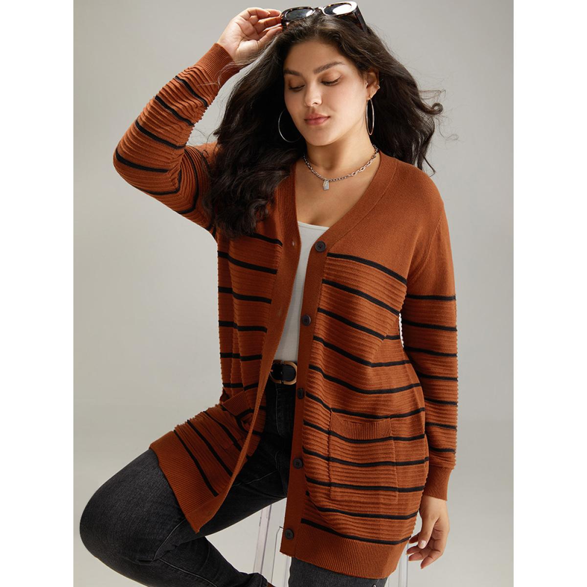 Plus Size Striped Button Down Patched Pocket Cardigan Rust Women Casual Loose Long Sleeve Everyday Cardigans BloomChic 10/M Product Image