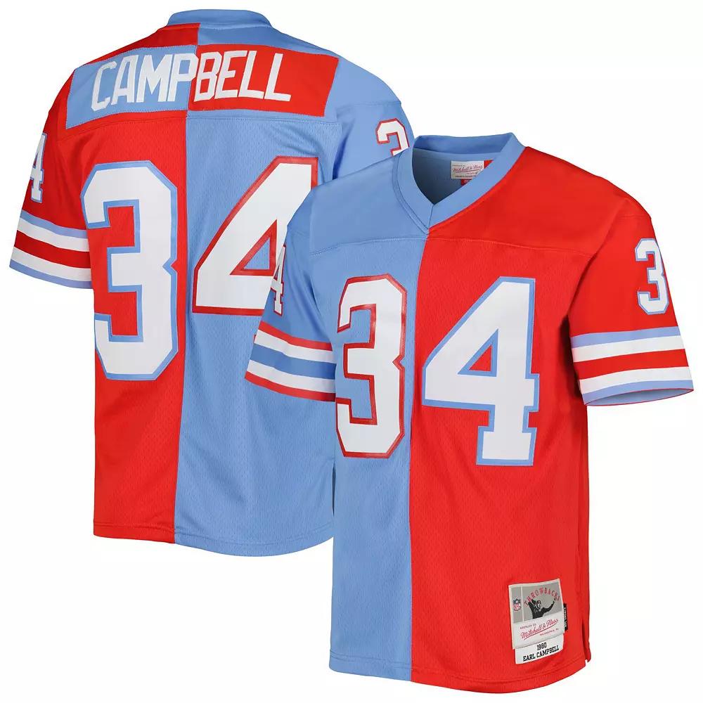 Men's Mitchell & Ness Earl Campbell Red/Light Blue Houston Oilers Gridiron Classics 1980 Split Legacy Replica Jersey,  Product Image