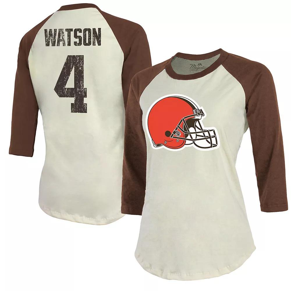 Women's Majestic Threads Deshaun Watson Cream/Brown Cleveland Browns Name & Number Raglan 3/4 Sleeve T-Shirt,  Product Image