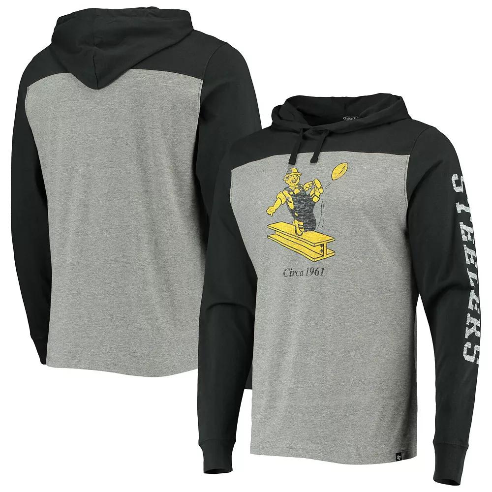 Men's '47 Heathered Gray Pittsburgh Steelers Franklin Wooster Throwback Long Sleeve Hoodie T-Shirt, Size: Small, Grey Product Image