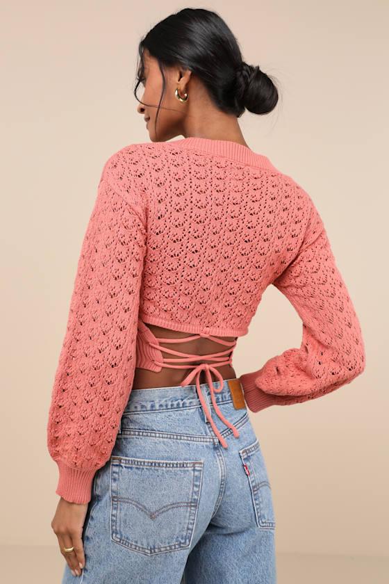 Always All Mine Dusty Rose Lace-Up Cropped Pointelle Sweater Product Image