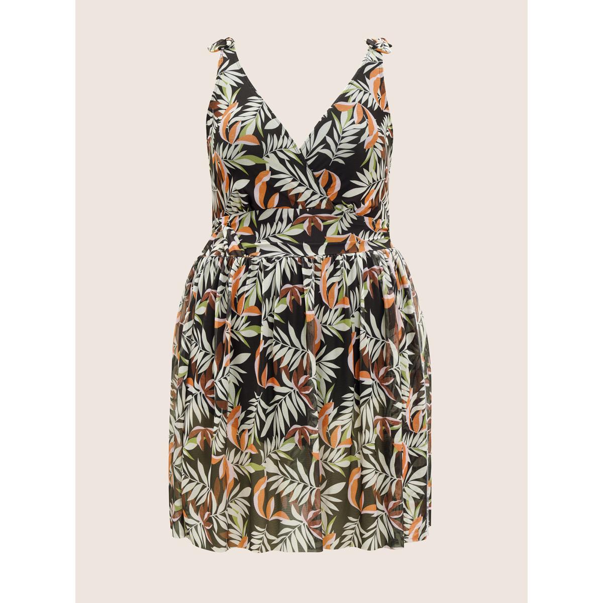 Plus Size Tropical Print Gathered Split Hem Swim Dress Women's Swimwear Black Beach Bodycon V-neck High stretch Curve Swim Dresses BloomChic 14-16/1X Product Image