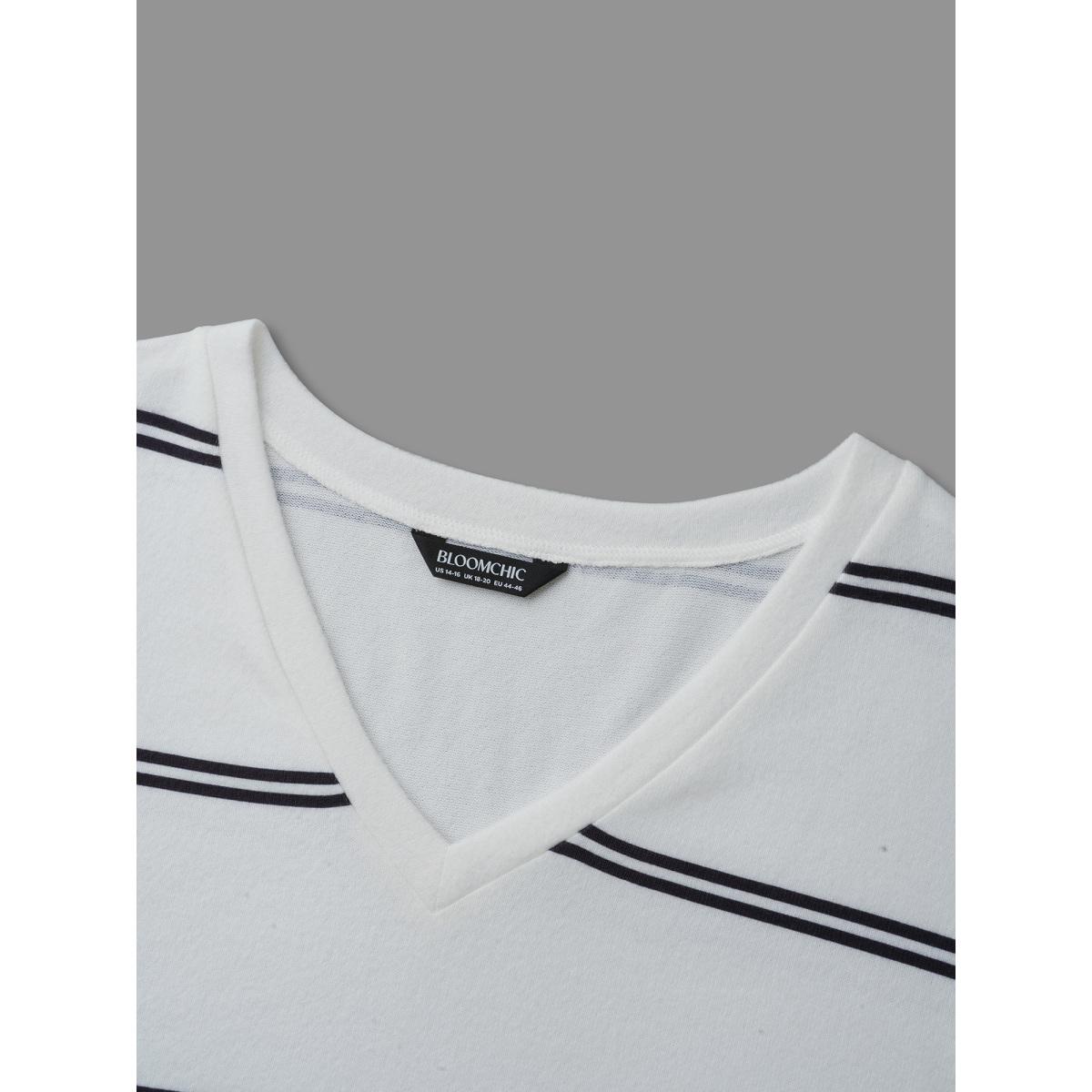 Plus Size V Neck Contrast Striped Drop Shoulder T-shirt Originalwhite Women Casual Contrast V-neck Everyday T-shirts BloomChic 12/L Product Image