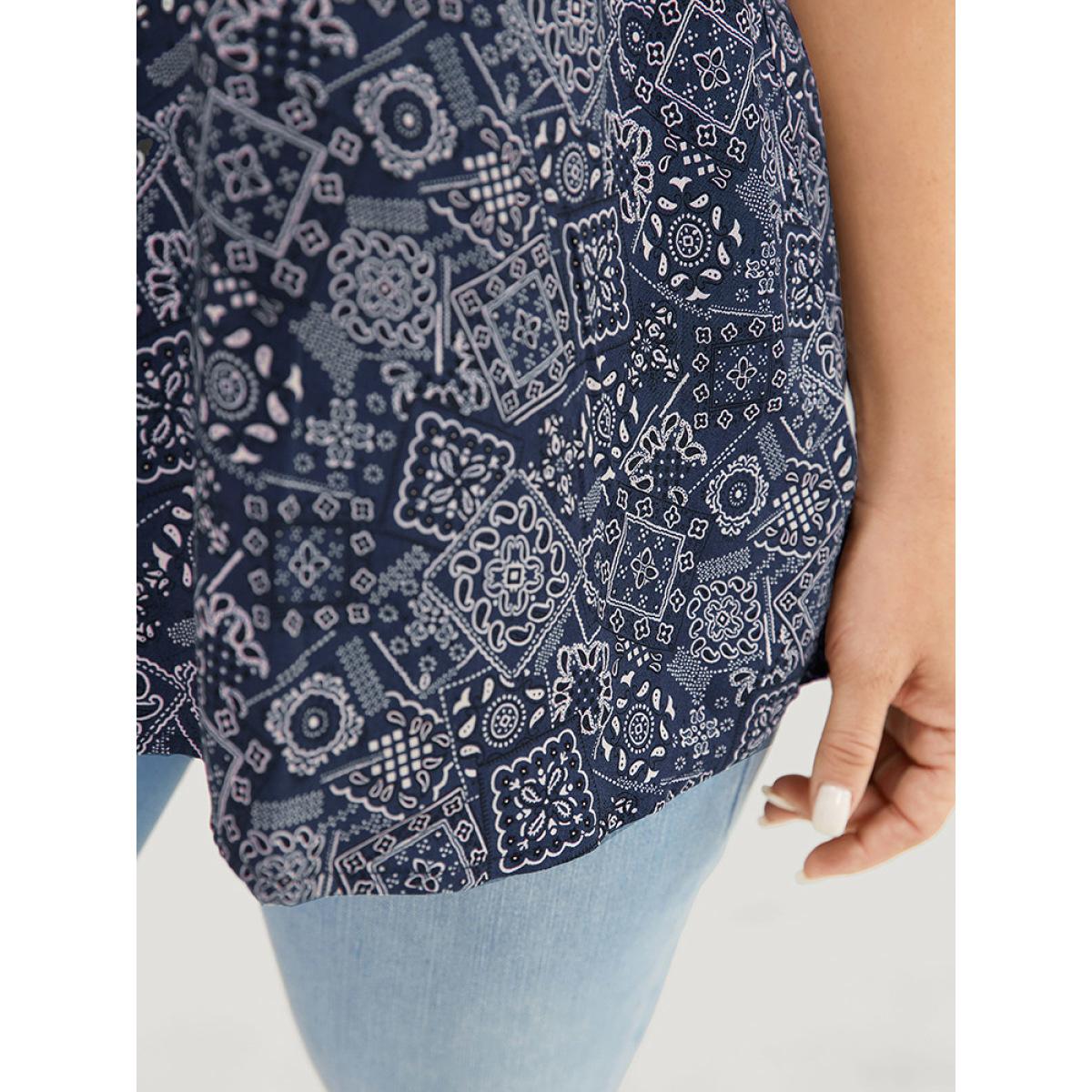 Plus Size Indigo Moroccan Print Keyhole Tie Neck Blouse Women Vacation Short sleeve V-neck Office Blouses BloomChic 28/5X Product Image