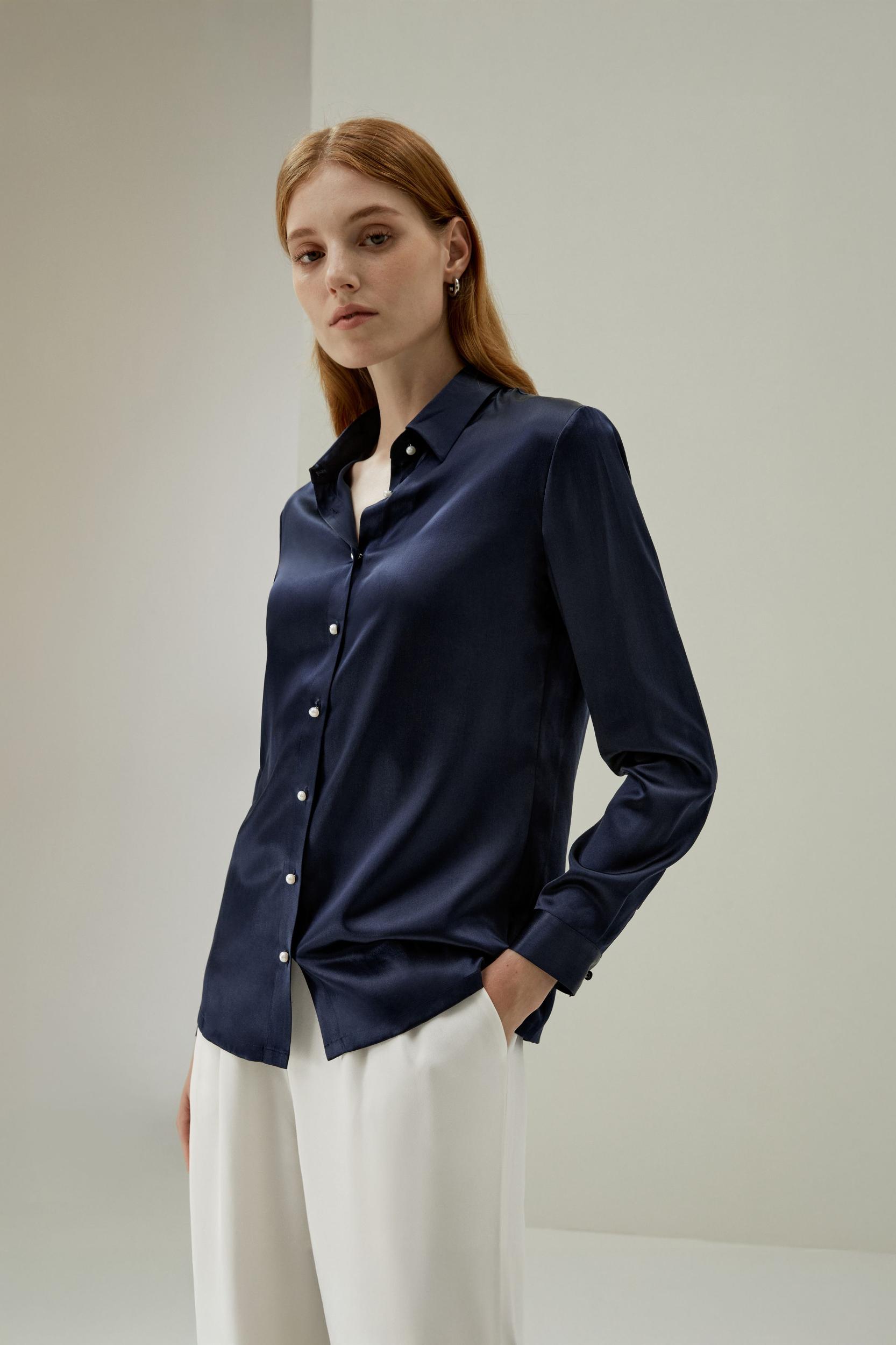 Classic Pearl Button Silk Shirt Product Image