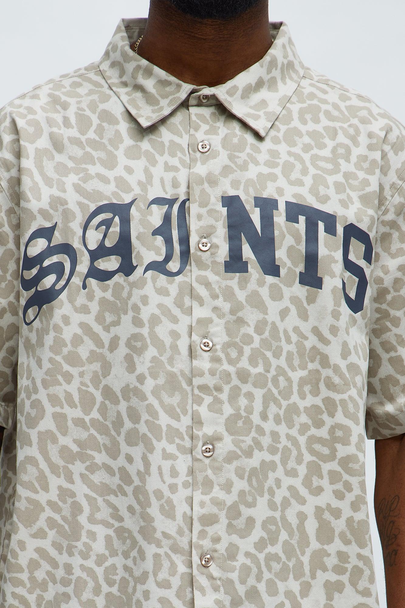 Relaxed Fit Leopard Saints Button Up Shirt - Tan/Multi Male Product Image
