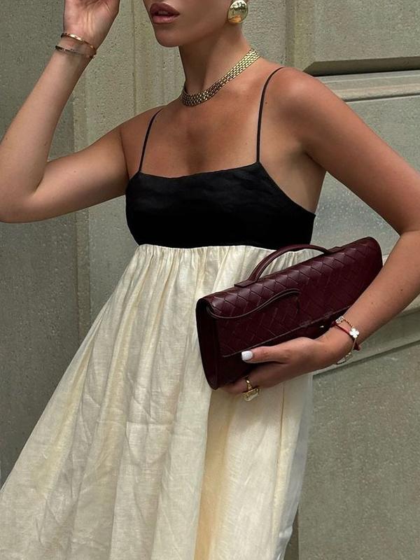 A-Line Loose Contrast Color Pleated Split-Joint Spaghetti-Neck Maxi Dresses Product Image