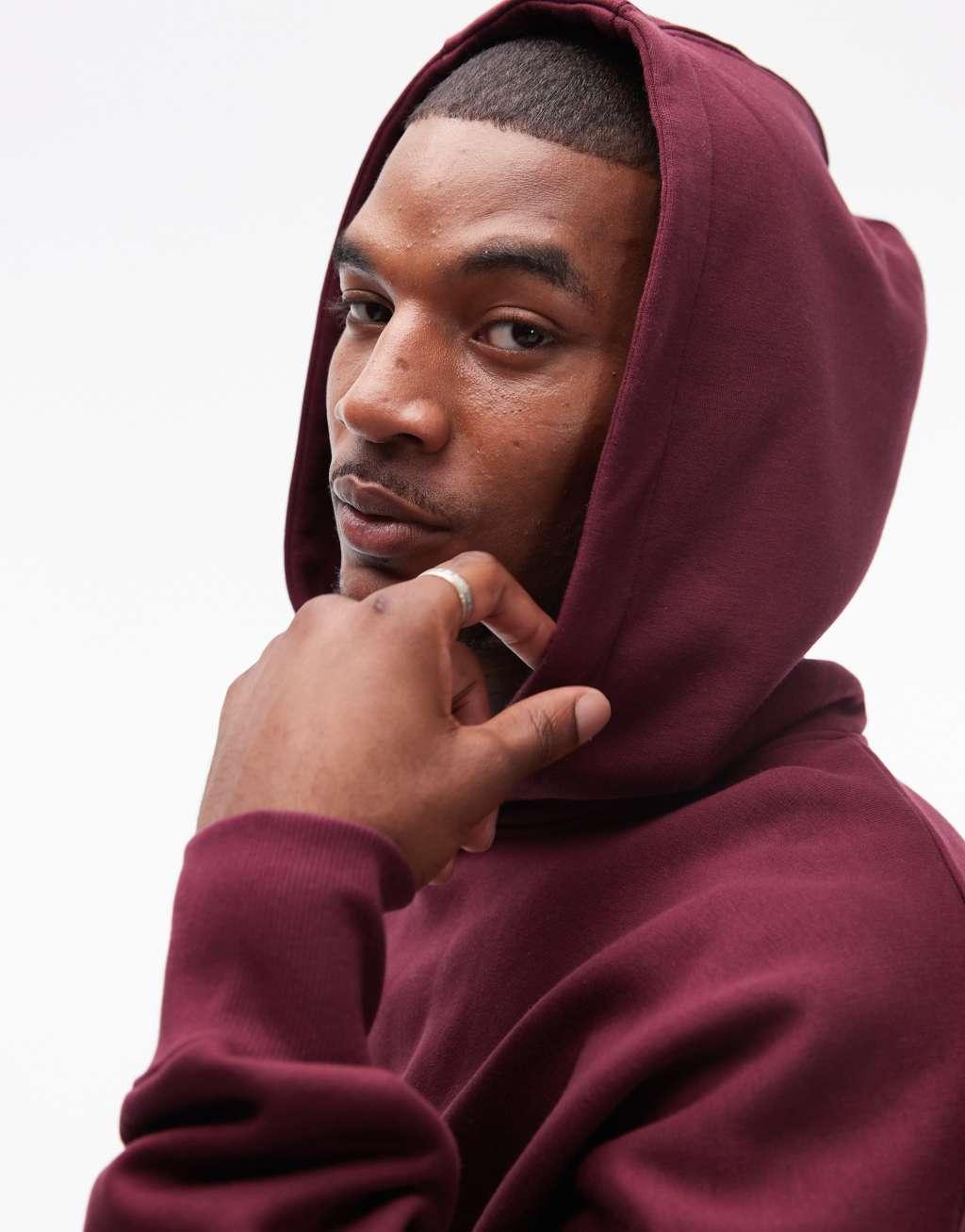Topman premium heavyweight oversized hoodie in burgundy Product Image