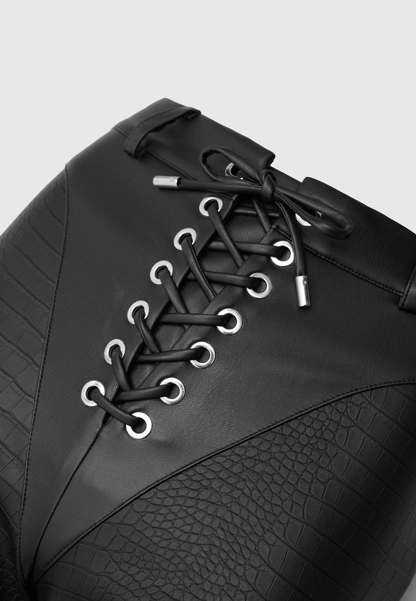 Croc Embossed Lace Up Trousers - Black Female Product Image