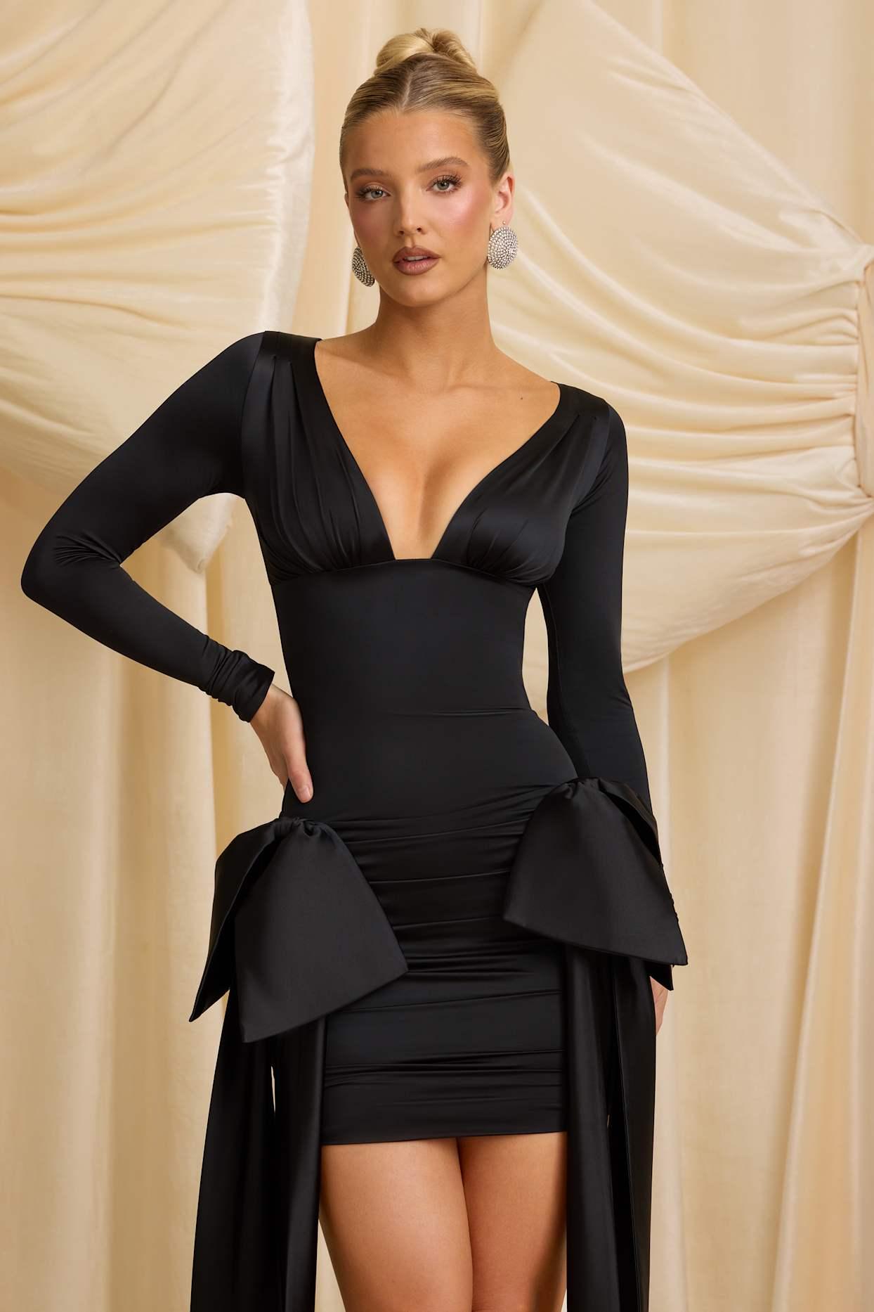 Bow-Detail Ruched Mini Dress in Black Product Image