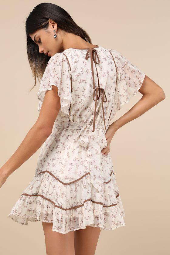Adored Outing Ivory Floral Flutter Sleeve Surplice Mini Dress Product Image