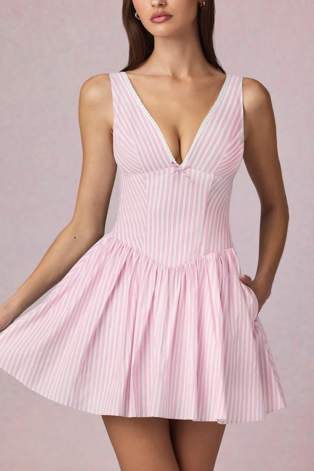 Bow-Detail A-Line Mini Dress in Soft Mauve Stripe Product Image