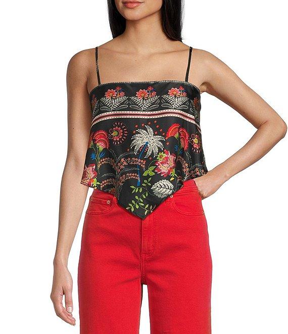 Honey & Sparkle Woven Pattern Satin Spaghetti Strap Hanky Hem Top Product Image